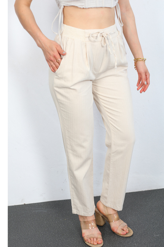 Berox - Beli İşlemeli Bağıcıklı Taş Rengi Kadın Keten Pantolon (1)