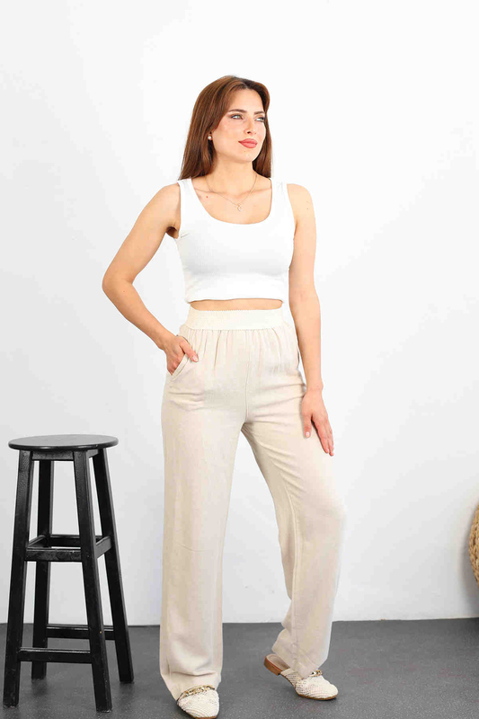Berox - Beli İşlemeli Lastikli Bol Paça Taş Rengi Keten Pantolon