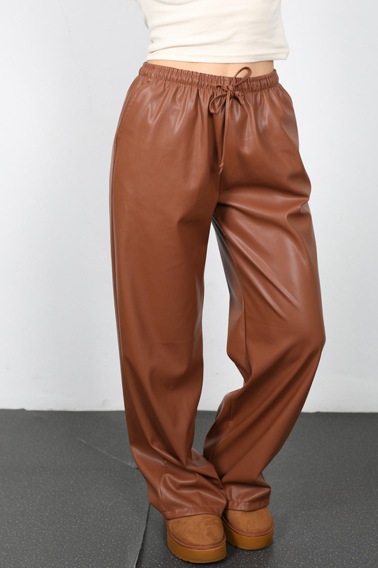 Berox - Beli Lastikli Bol Paça Kahverengi Kadın Deri Pantolon (1)