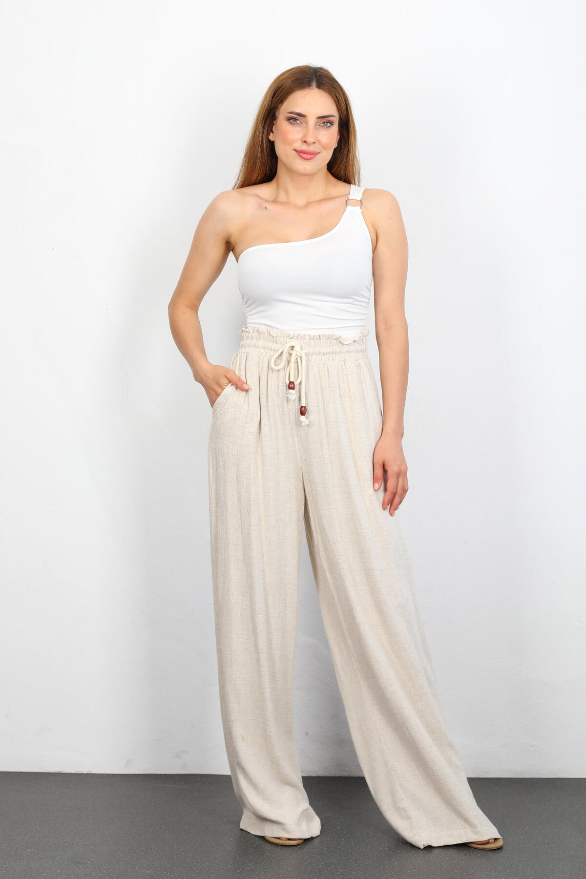 Berox - Beli Lastikli Bol Paça Taş Rengi Kadın Keten Pantolon
