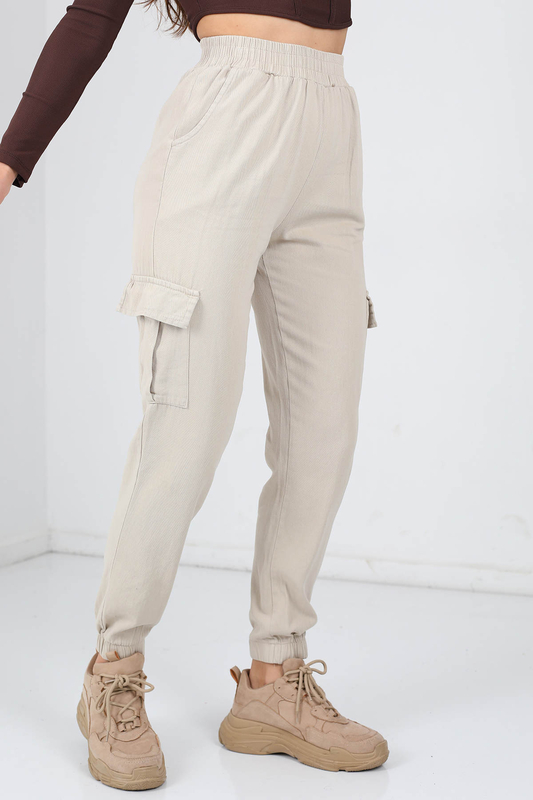 Berox - Beli Lastikli Kargo Cepli Kadın Taş Rengi Keten Pantolon (1)