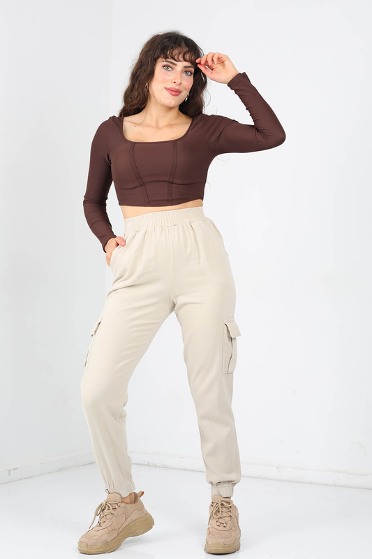 Berox - Beli Lastikli Kargo Cepli Kadın Taş Rengi Keten Pantolon