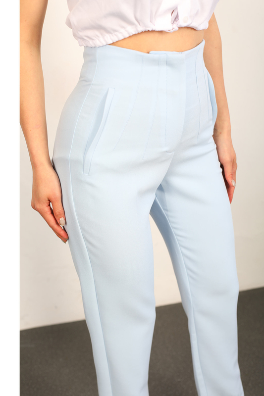 Berox - Beli Pensli Yüksek Bel Bebe Mavisi Kadın Kumaş Pantolon (1)