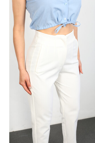 Beli Pensli Yüksek Bel Beyaz Kadın Kumaş Pantolon - Thumbnail
