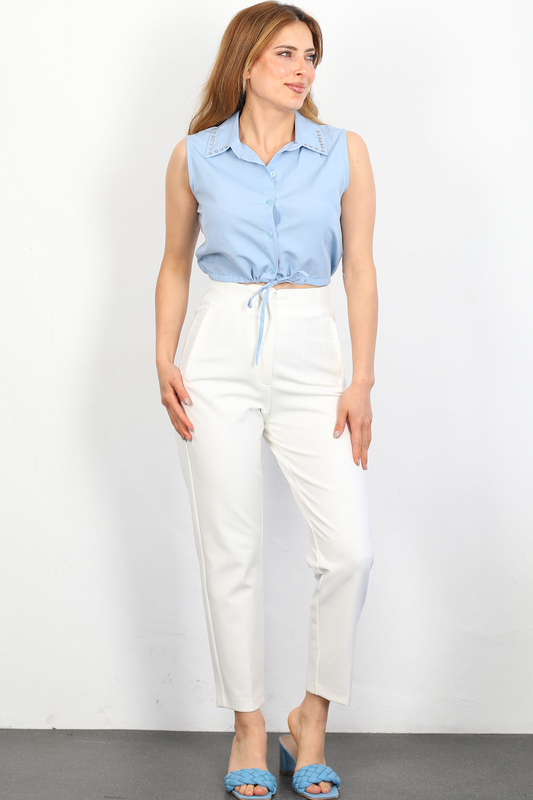 Berox - Beli Pensli Yüksek Bel Beyaz Kadın Kumaş Pantolon