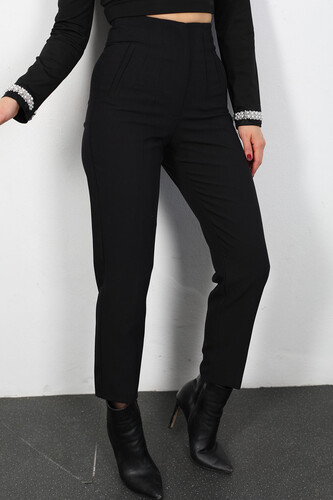 Berox - Beli Pensli Yüksek Bel Siyah Kadın Kumaş Pantolon (1)