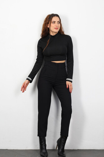 Berox - Beli Pensli Yüksek Bel Siyah Kadın Kumaş Pantolon