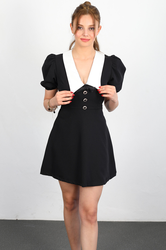 Berox - Beyaz Yakalı Karpuz Kol Kadın Siyah Süs Düğmeli Elbise