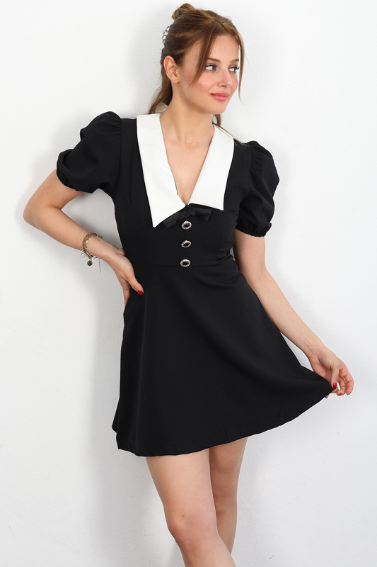 Berox - Beyaz Yakalı Karpuz Kol Kadın Siyah Süs Düğmeli Elbise (1)