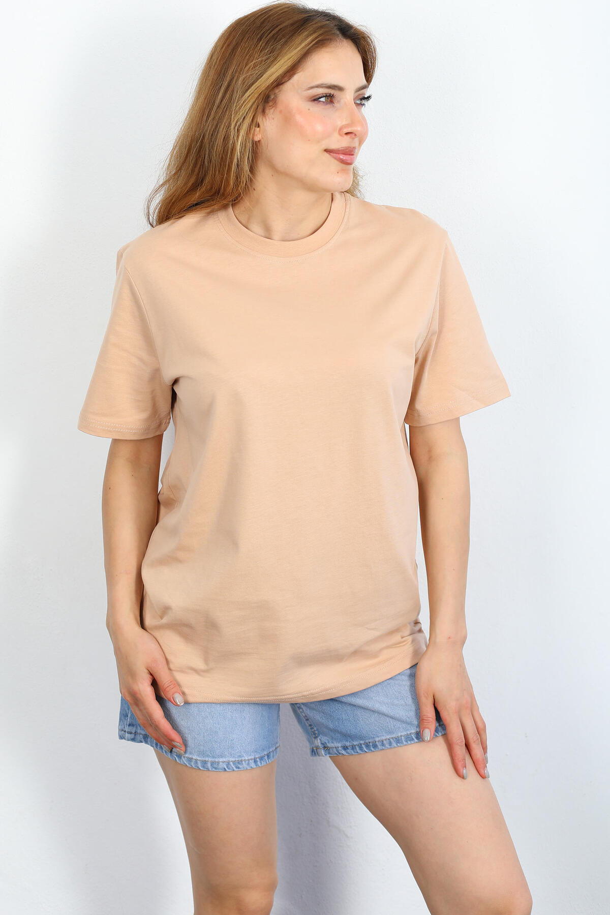 Berox - Bisiklet Yaka Oversize Bej Ünisex T-shirt