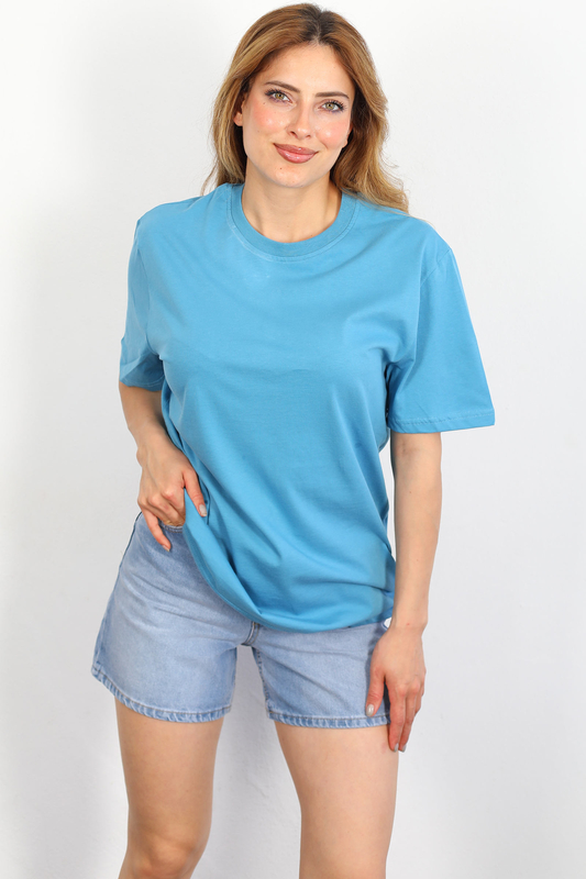 Berox - Bisiklet Yaka Oversize Mavi Kadın T-shirt