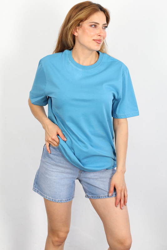 Berox - Bisiklet Yaka Oversize Mavi Kadın T-shirt (1)