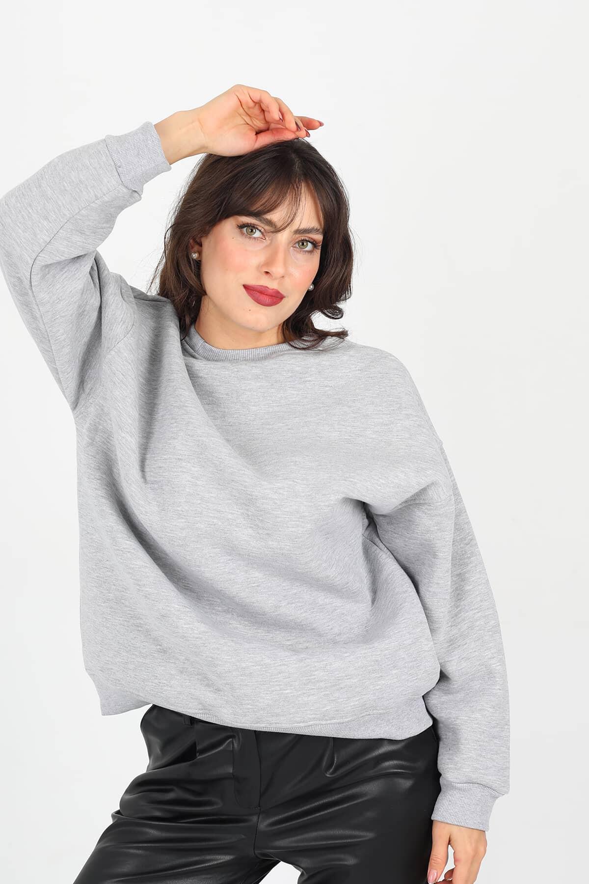 Berox - Bisiklet Yaka Üç İplik Basic Gri Kadın Oversize Sweat