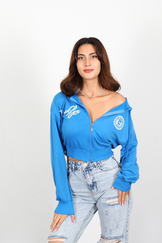 Berox - Brooklyn Baskılı Kadın Mavi Kapüşonlu Crop Sweat Ceket (1)
