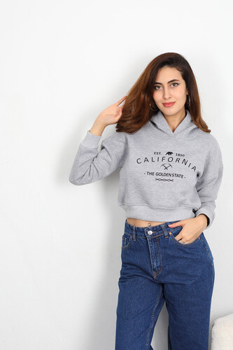 Berox - California Baskılı Kapüşonlu Kadın Gri Crop Sweat