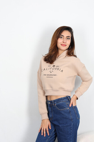 Berox - California Baskılı Kapüşonlu Kadın Krem Crop Sweat (1)