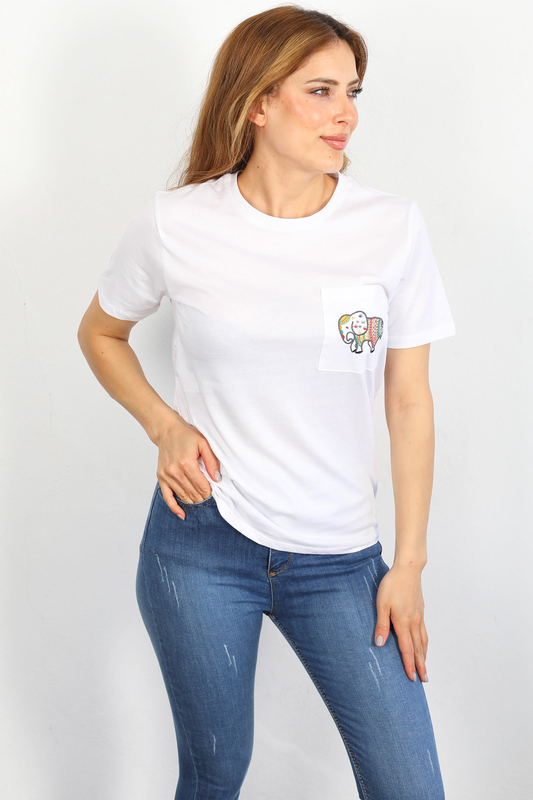 Berox - Cebi Fil Nakışlı Beyaz Kadın T-Shirt