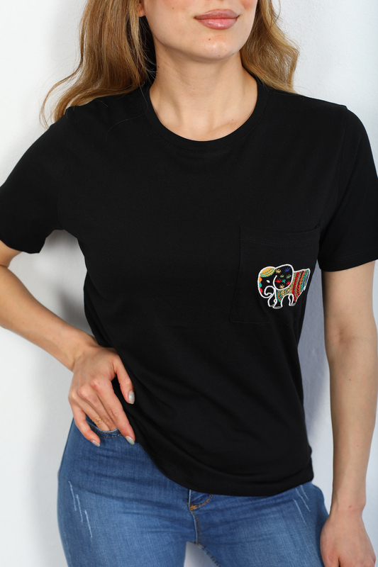 Berox - Cebi Fil Nakışlı Siyah Kadın T-Shirt (1)