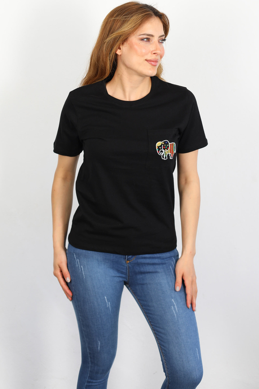 Berox - Cebi Fil Nakışlı Siyah Kadın T-Shirt