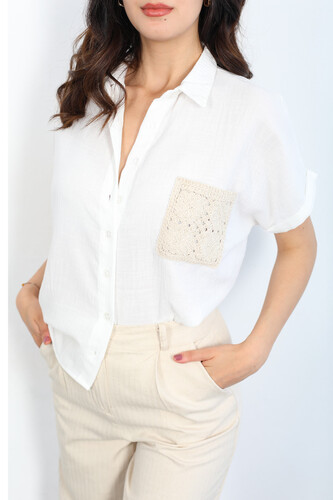 Berox - Cebi İşlemeli Eteği Oval Beyaz Kadın Keten Gömlek (1)