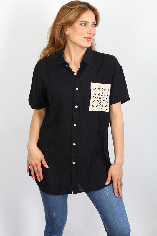 Berox - Cebi İşlemeli Siyah Kadın Keten Gömlek