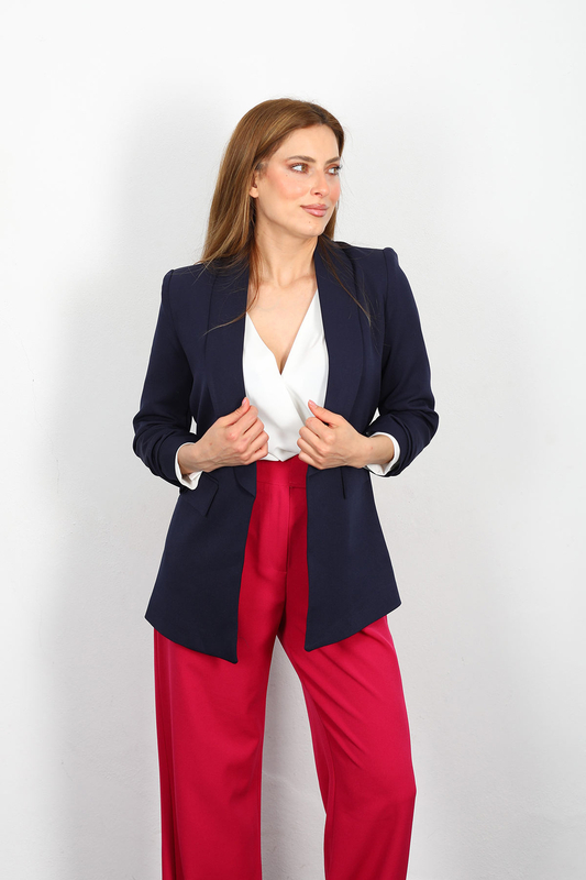 Berox - Cep Kapaklı Kadın Lacivert Kolları Katlamalı Blazer Ceket (1)