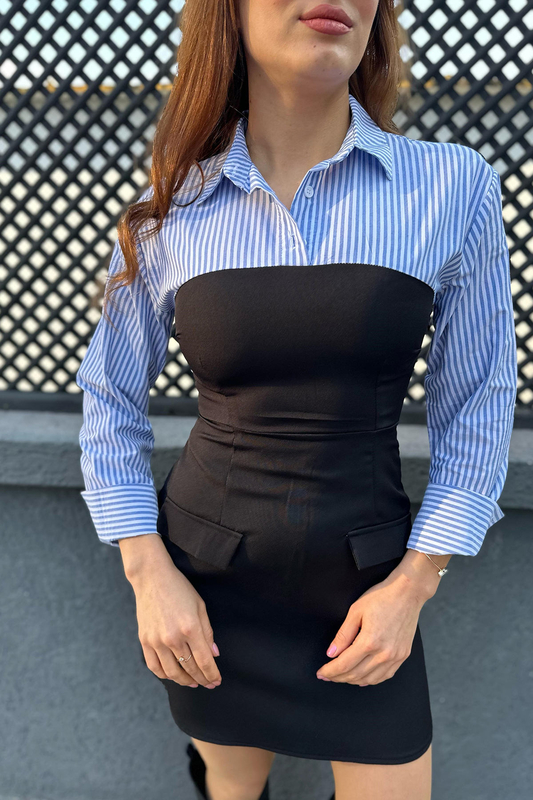 Berox - Cep Kapaklı Kadın Siyah Parçalı Gömlek Elbise (1)
