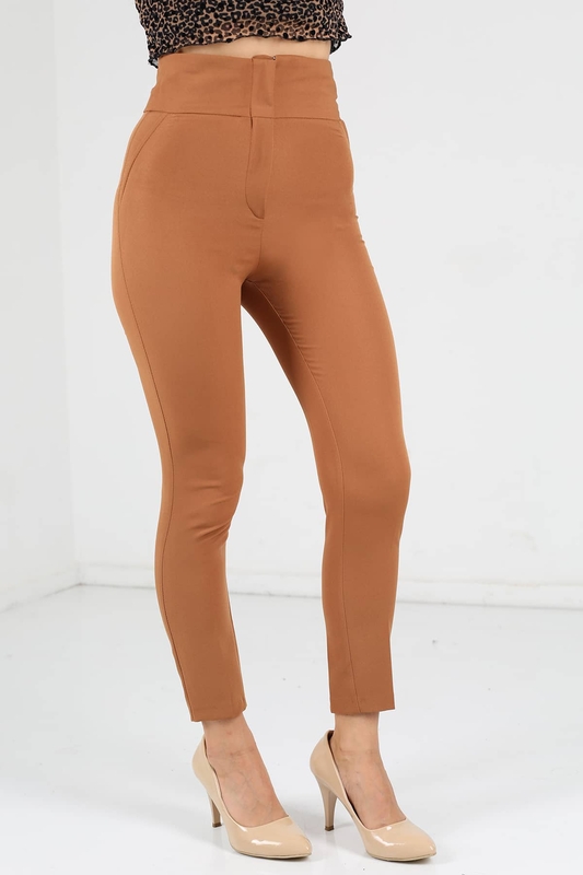 Berox - Cepsiz Yüksek Bel Camel Kadın Kumaş Pantolon (1)