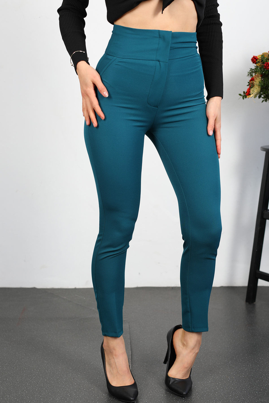 Berox - Cepsiz Yüksek Bel Petrol Yeşili Kadın Kumaş Pantolon (1)