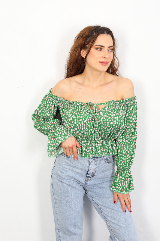 Berox - Çiçek Desen Göğüs Bağlamalı Gipeli Yeşil Kadın Bluz