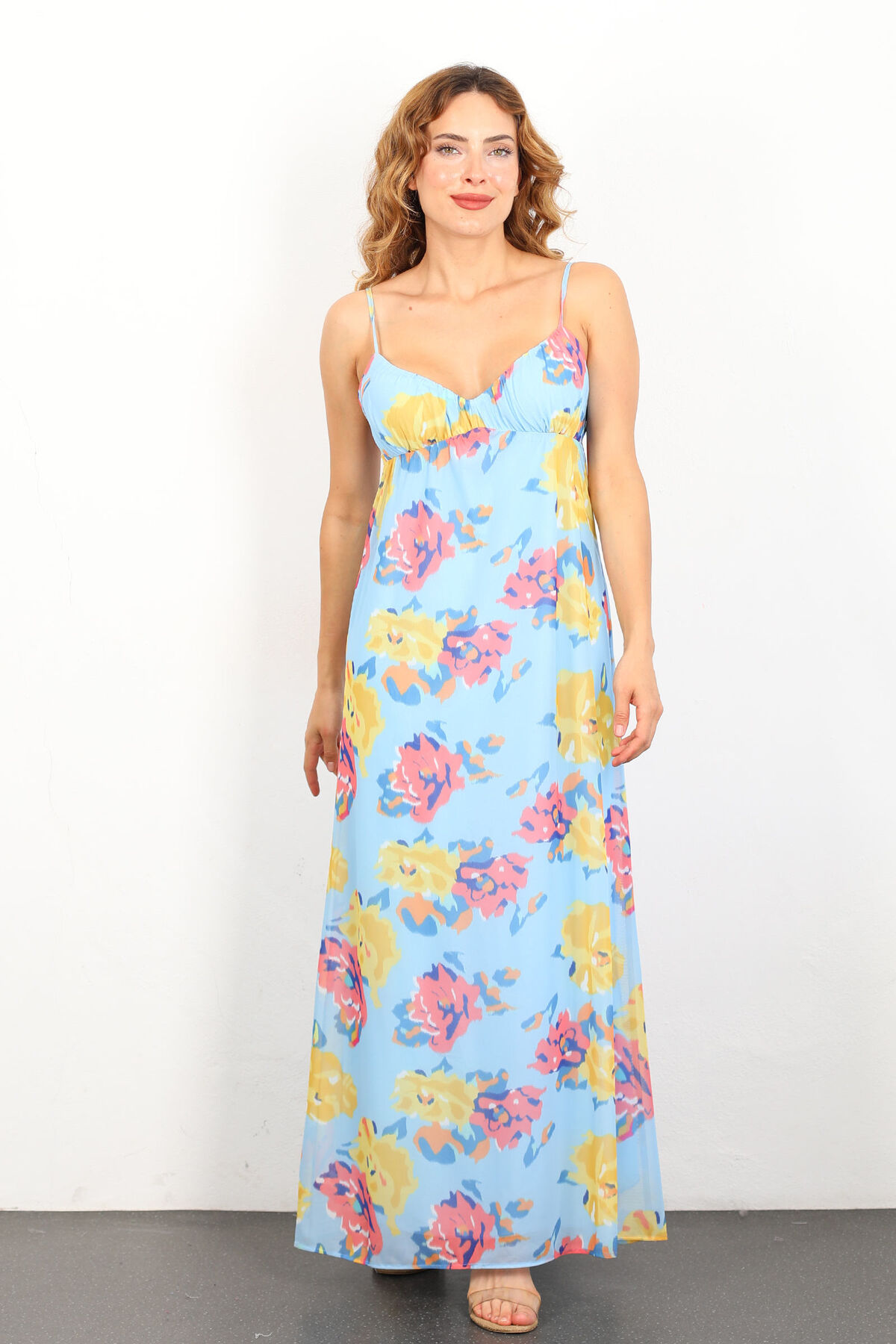 Berox - Çiçek Desenli Askılı Kadın Mavi Uzun Tül Elbise