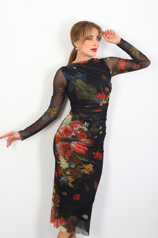 Berox - Çiçek Desenli Büzgülü Tül Siyah Kadın Maxi Elbise (1)
