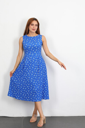 Berox - Çiçek Desenli Kadın Mavi Kolsuz Gofre Elbise