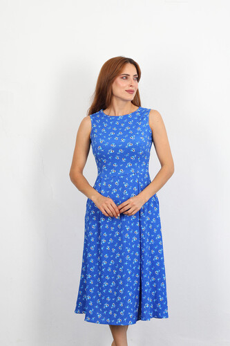Berox - Çiçek Desenli Kadın Mavi Kolsuz Gofre Elbise (1)