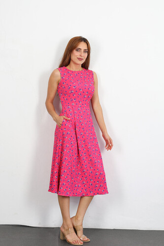 Berox - Çiçek Desenli Kadın Pembe Kolsuz Gofre Elbise (1)