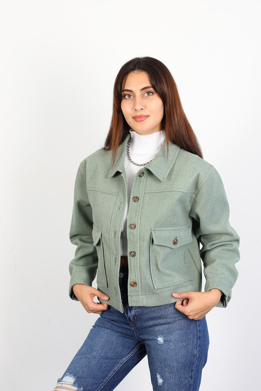 Berox - Çift Cepli Kadın Çağla Yeşili Kaşe Ceket (1)