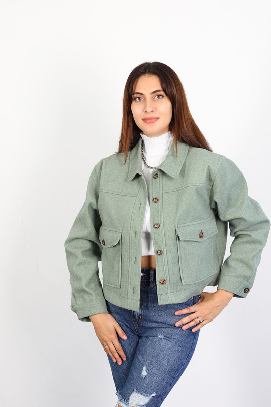 Berox - Çift Cepli Kadın Çağla Yeşili Kaşe Ceket