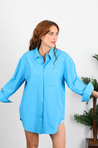 Berox - Çift Cepli Kadın Mavi Terikoton Gömlek (1)