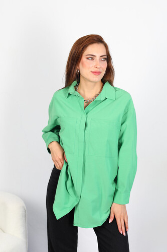 Berox - Çift Cepli Kadın Yeşil Oversize Terikoton Gömlek