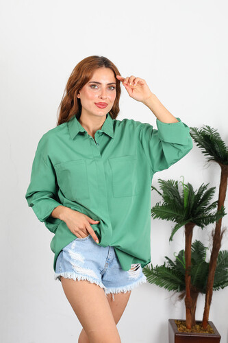 Berox - Çift Cepli Kadın Zümrüt Yeşili Terikoton Gömlek (1)