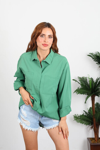 Berox - Çift Cepli Kadın Zümrüt Yeşili Terikoton Gömlek