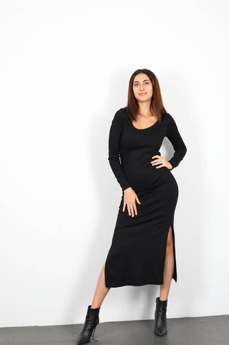 Berox - Çift Yırtmaçlı Çelik Maxi Siyah Kadın Elbise (1)
