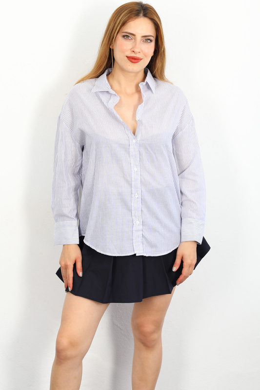 Berox - Çizgili Kadın Mavi Terikoton Gömlek