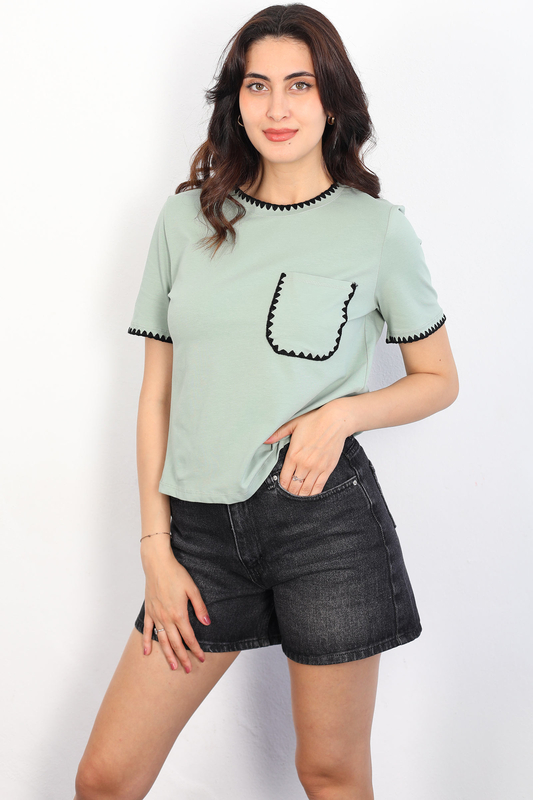 Berox - Çoban Dikişli Cep Detaylı Mint Yeşili Kadın T-shirt
