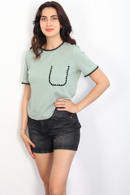 Berox - Çoban Dikişli Cep Detaylı Mint Yeşili Kadın T-shirt (1)