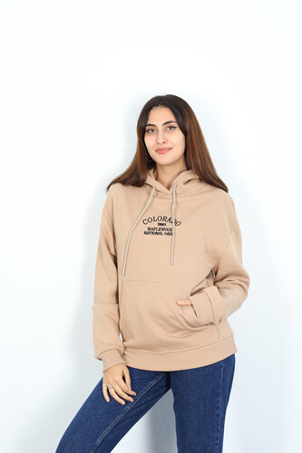 Berox - Colorado Nakışlı Üç İplik Bej Kadın Sweatshirt