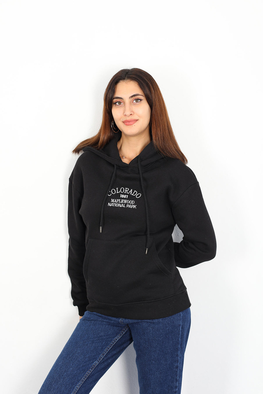 Berox - Colorado Nakışlı Üç İplik Siyah Kadın Sweatshirt