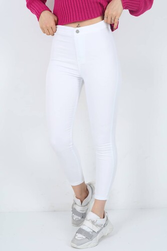 Berox - Dar Paça Cepsiz Beyaz Keten Kadın Pantolon (1)