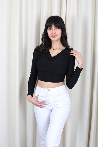 Berox - Degaje Yaka Kadın Siyah Sandy Crop Top (1)