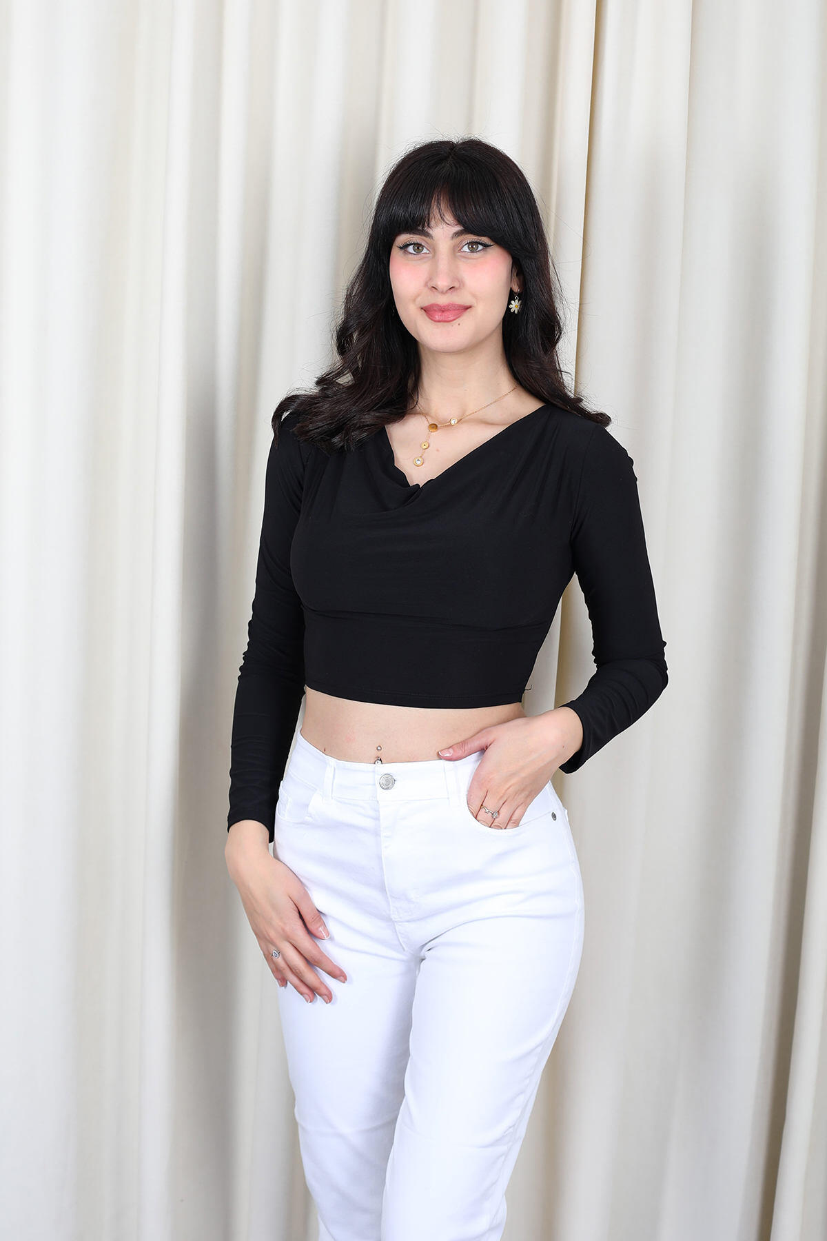 Berox - Degaje Yaka Kadın Siyah Sandy Crop Top